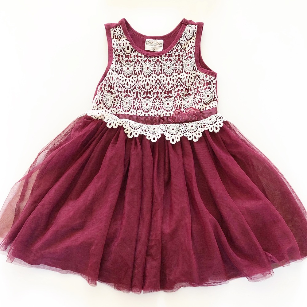 Burgundy & White Tulle Flare Dress